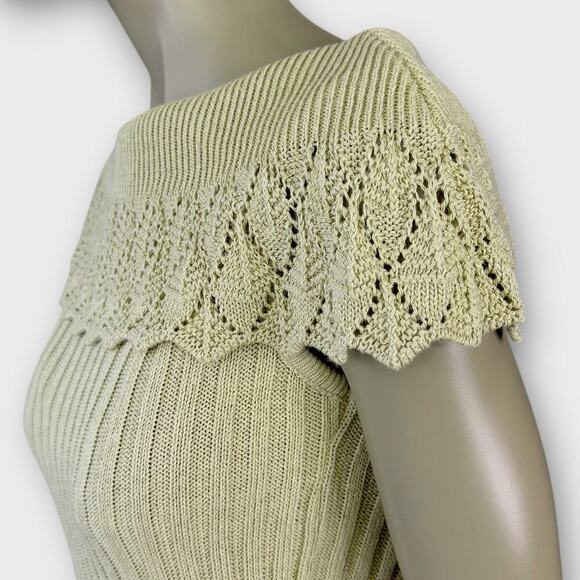 Cato Vintage Crochet Sleeveless Ribbed Knit Sweater Bertha Collar Size S Tan - Picture 9 of 16